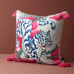 Hand-Drawn Chinoiserie Animal Inspired Pillow Cover with Tassels