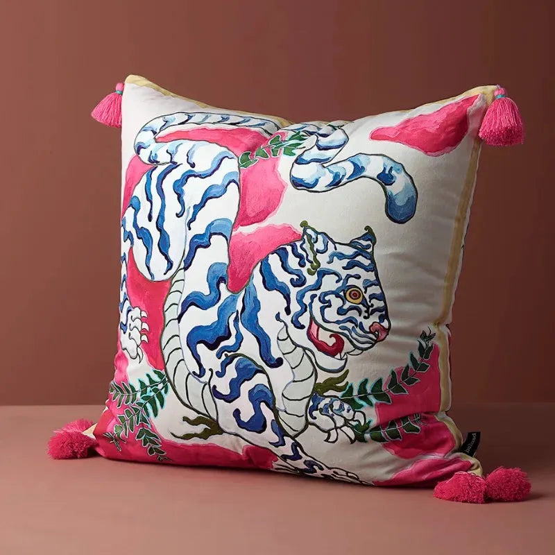 Hand-Drawn Chinoiserie Animal Inspired Pillow Cover with Tassels