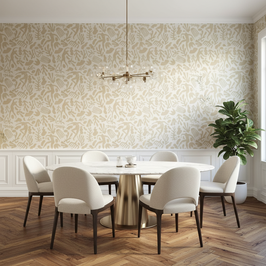 Dining room with a round table and white chairs against a patterned wall.