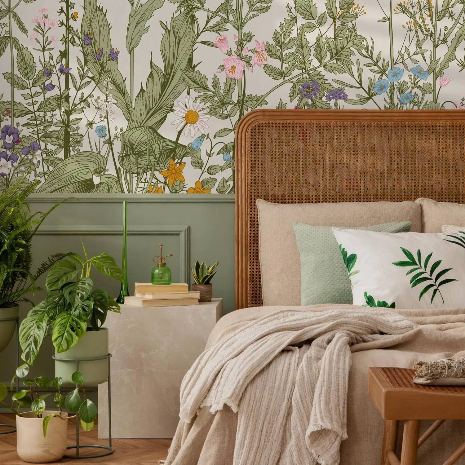 Bedroom with floral wallpaper, wicker headboard, and decorative pillows.