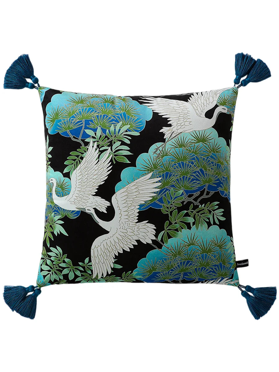Opulent Midnight Crane & Pine Cushion Cover for Home