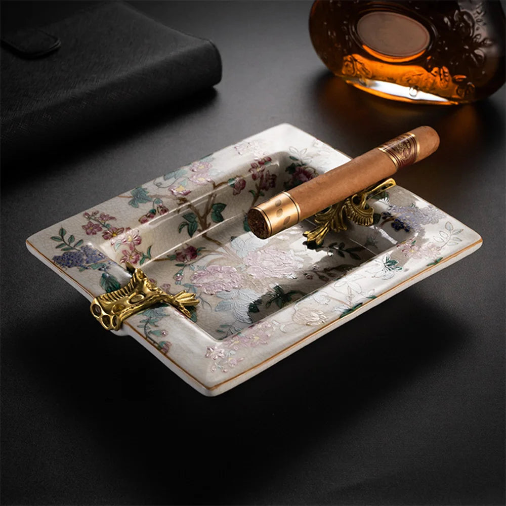 Copper-Inlaid Ceramic Cigar Ashtray, Large