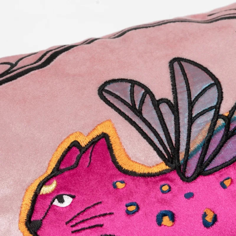 Embroidered Pink Cat Velvet Accent Pillow with Fringe