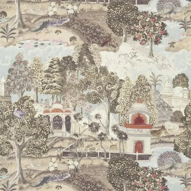 Decorative wallpaper with a garden scene featuring buildings, trees, and flowers.