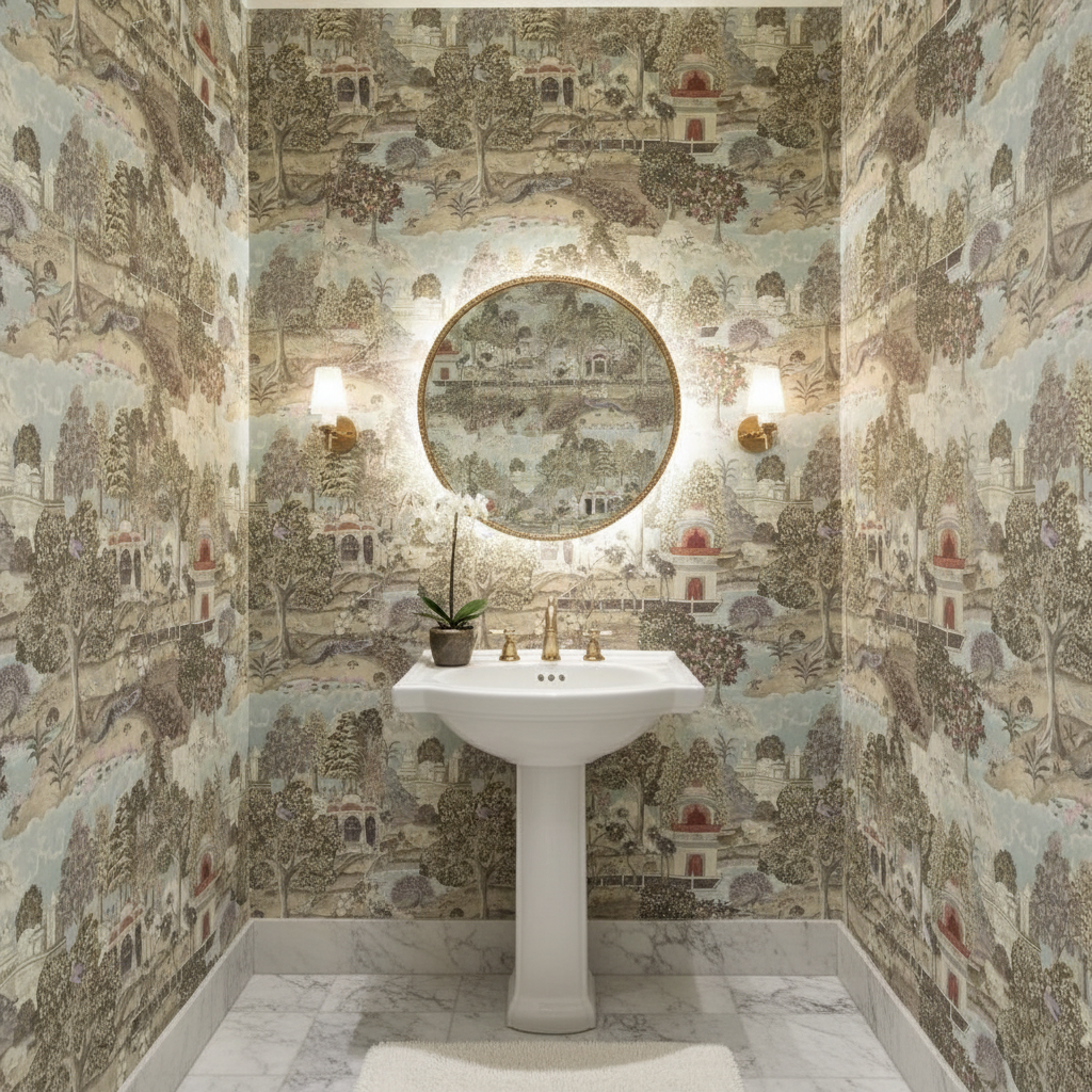 Bathroom with decorative wallpaper, pedestal sink, and round mirror.