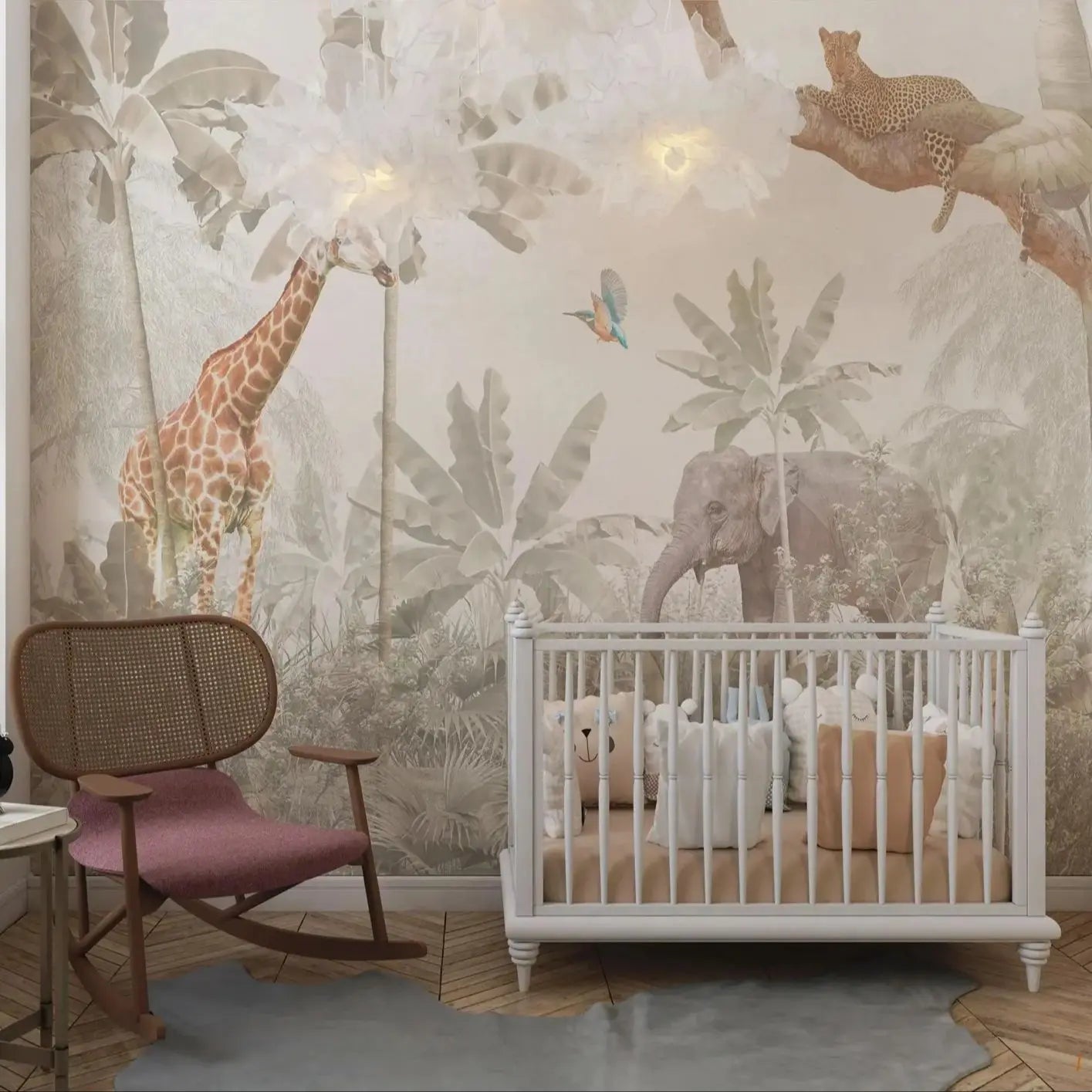 Nursery room with a crib, chair, and wall mural of animals