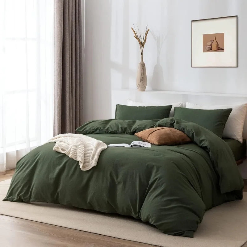 100% Washed Cotton 3-Piece Duvet Set - Olive Green