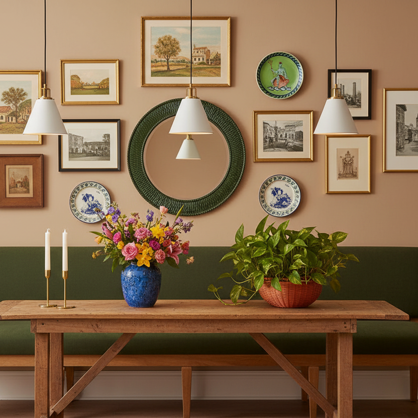 Living room with a green sofa, wooden table, and decorative items on a beige wall.