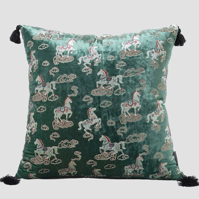 Crimson Stallion Velvet Chinoiserie Horse Throw Pillow Cover