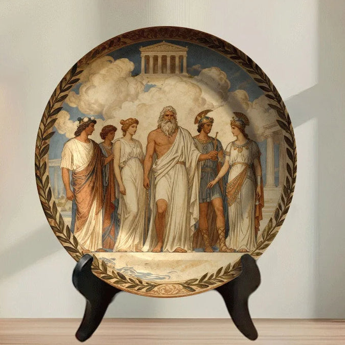 Decorative plate with classical design on a stand against a neutral wall.