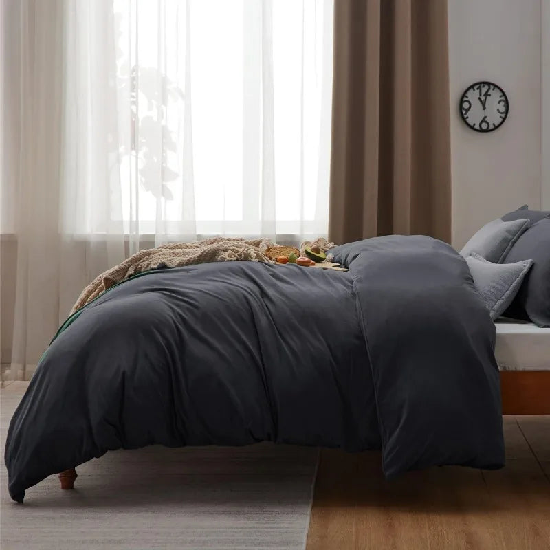 100% Washed Cotton Duvet Cover Set - Dark Grey