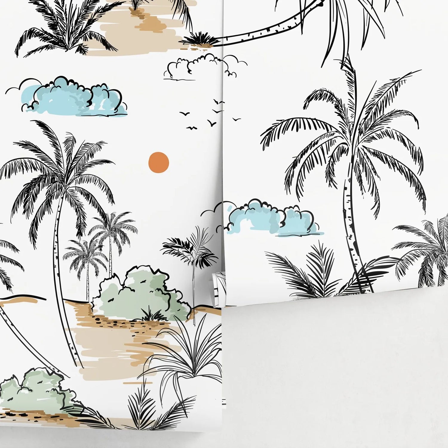 Tropical-themed fabric with palm trees, clouds, and sun on a white background