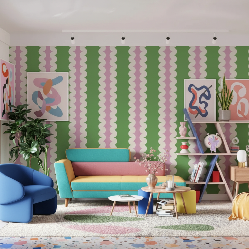 Modern living room with colorful furniture and patterned walls