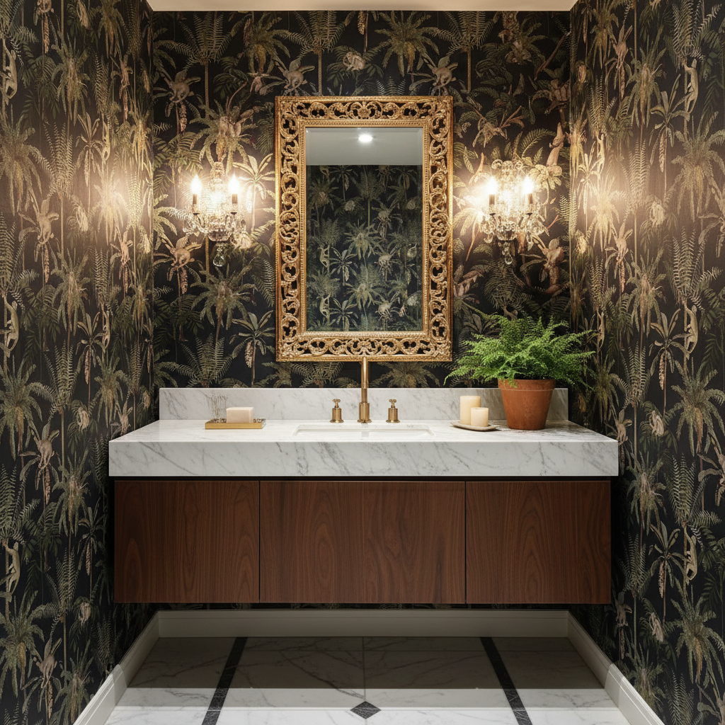 Bathroom with dark floral wallpaper, marble vanity, and decorative mirror.