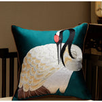 Oriental Crane Embroidered Satin Throw Pillow Cover D