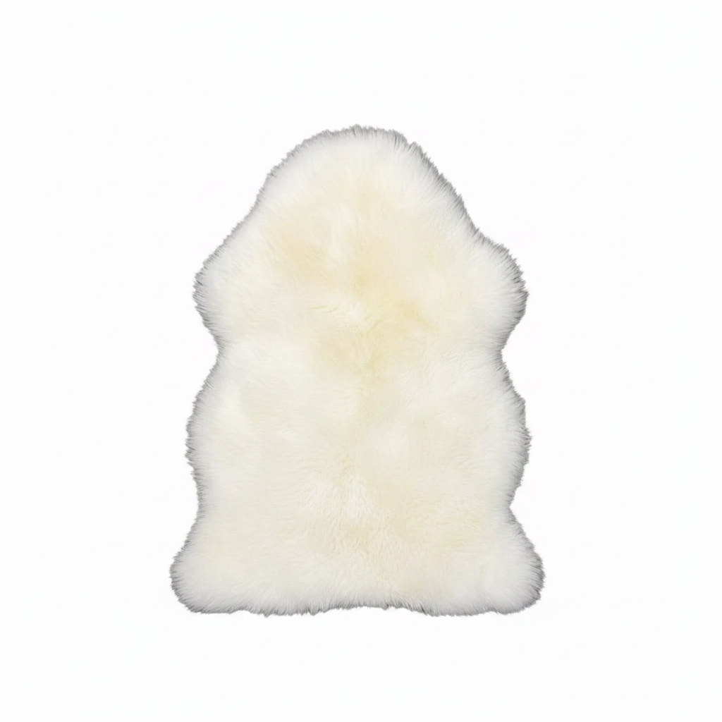 White sheepskin rug on a white background