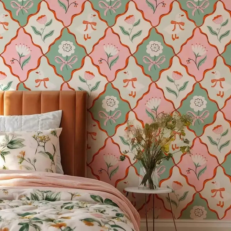 Pink Floral And Goose Wallpaper