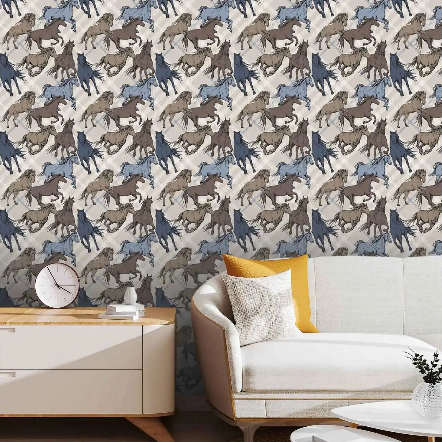 Living room with a wall featuring a horse pattern and a white sofa.