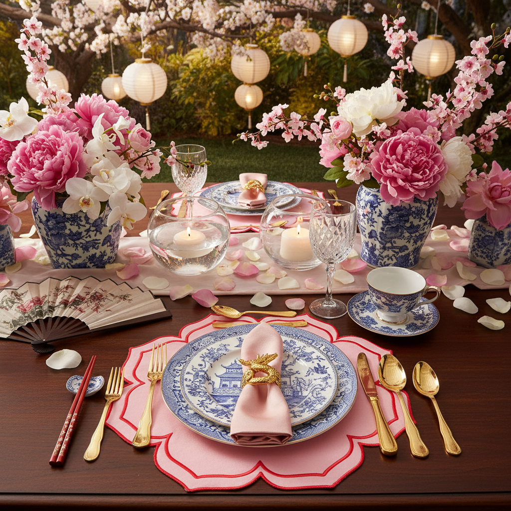 Regal Petal Scallop Placemat in Blush Pink and Ruby Red Trim - Set of 4