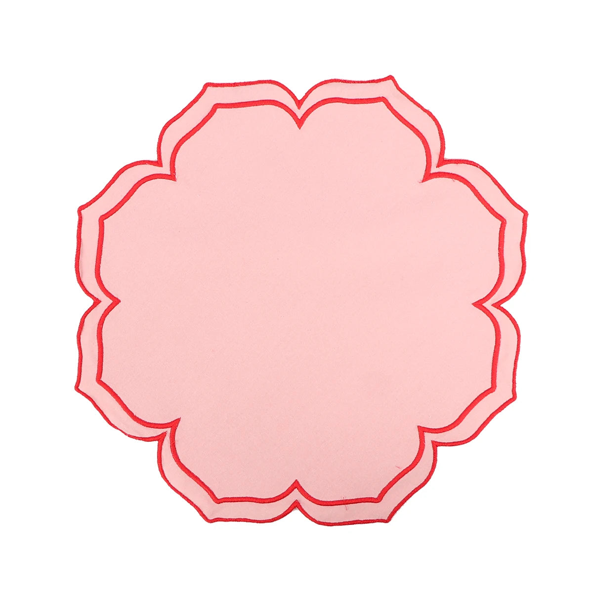 Regal Petal Scallop Placemat in Blush Pink and Ruby Red Trim