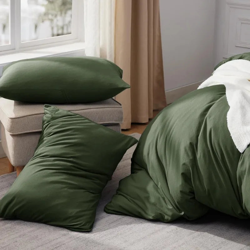 100% Washed Cotton Duvet Cover Set - Olive Green