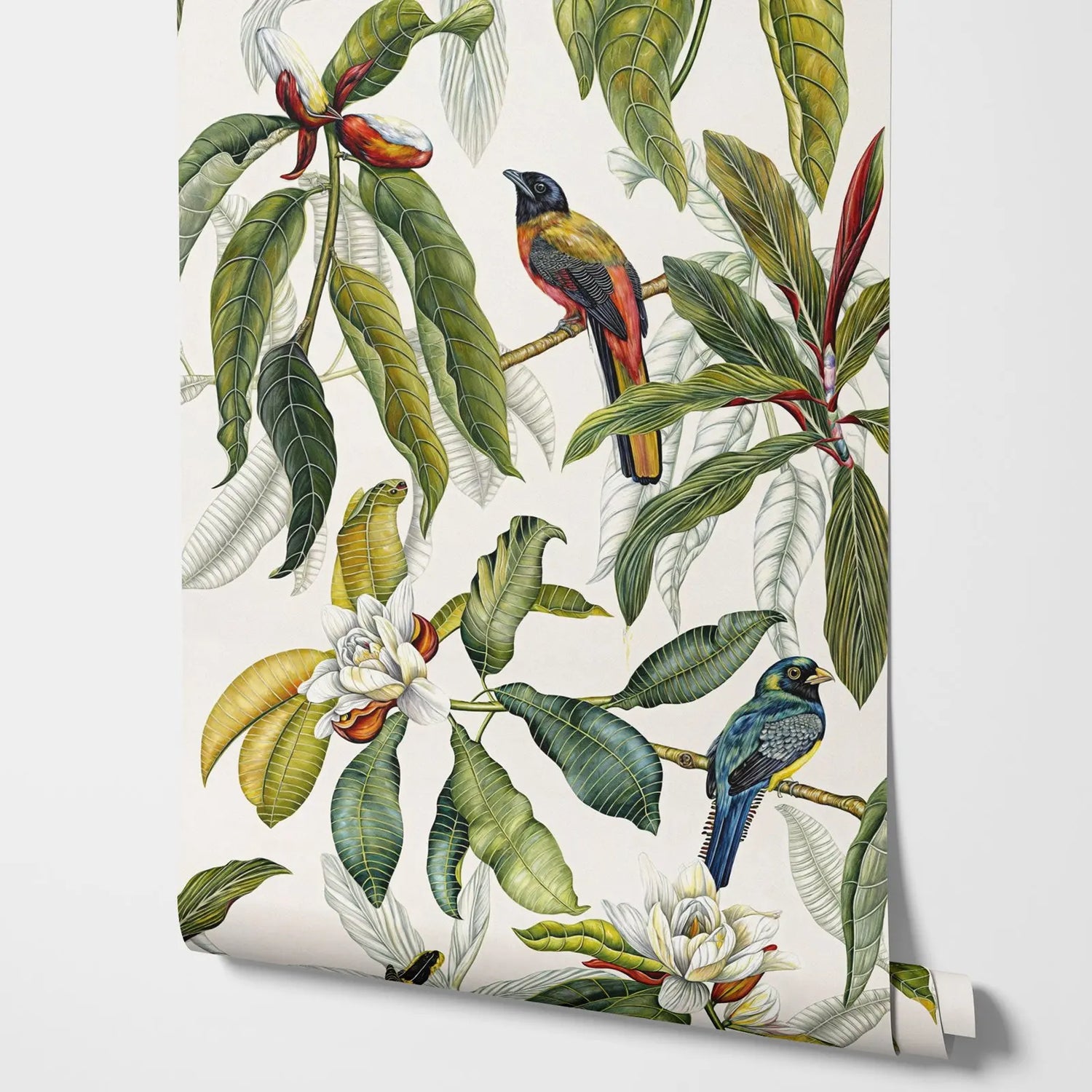 Roll of wallpaper with tropical birds and leaves design on a white background