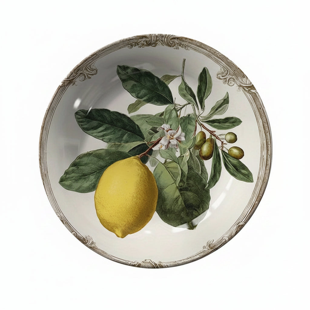 Decorative plate with lemon and leaf design on a textured surface