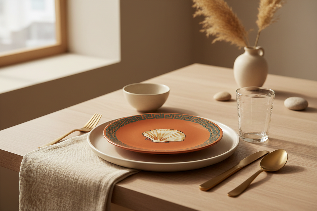 A styled dining table setting with a terracotta orange plate featuring a seashell motif and a Greek key border, accompanied by a cream-colored bowl, glass, gold-toned cutlery, and a beige linen napkin on a light wood table.