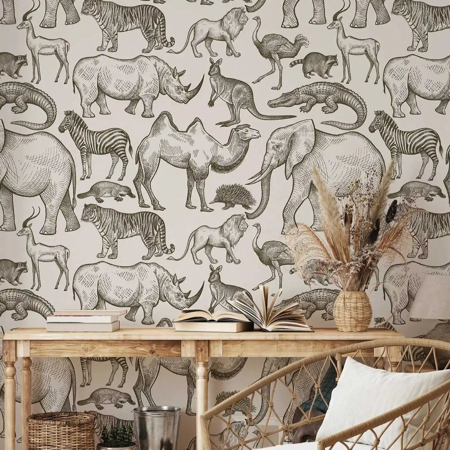 Beige Safari Animals Mural