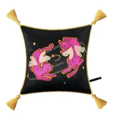 Embroidered Pink Cat Velvet Accent Pillow with Fringe 2 Flying Cat