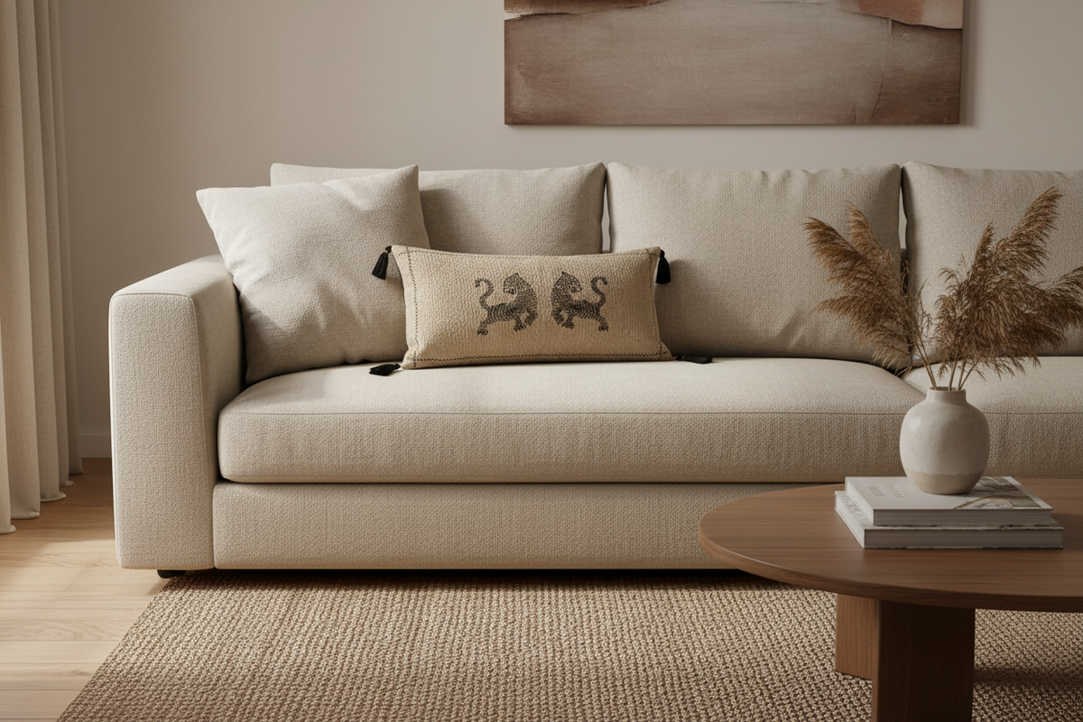 Beige sofa with decorative pillows and a wooden coffee table in a living room setting.