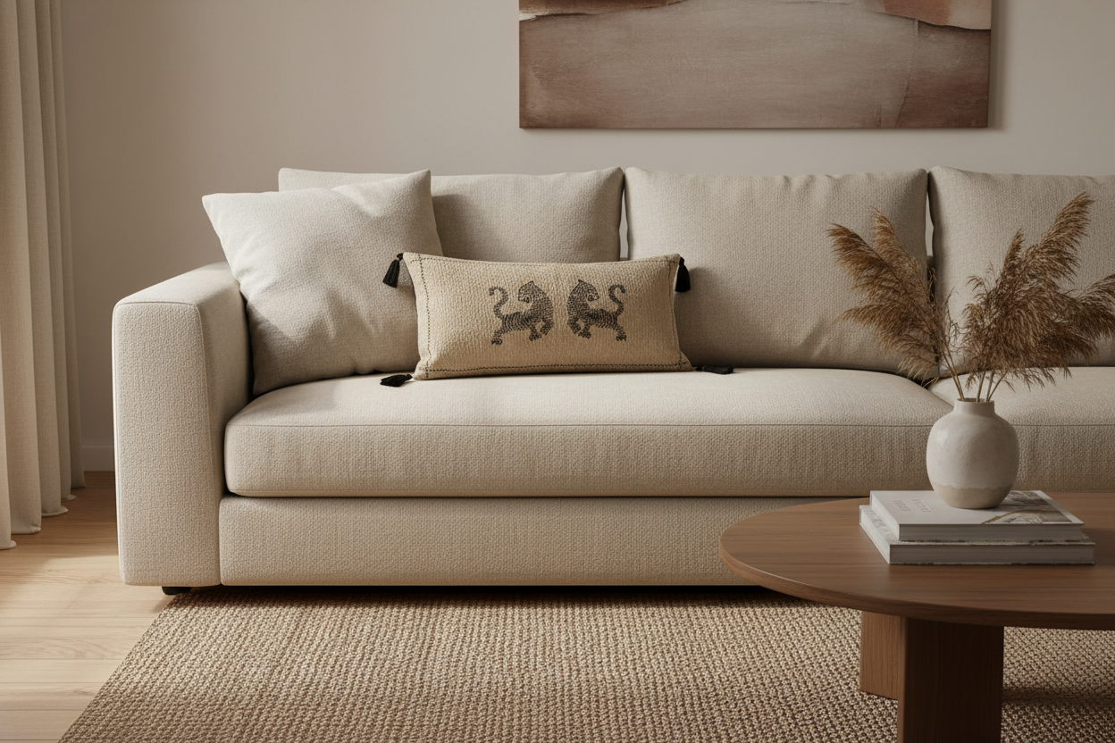 Beige sofa with decorative pillows and a wooden coffee table in a living room setting.