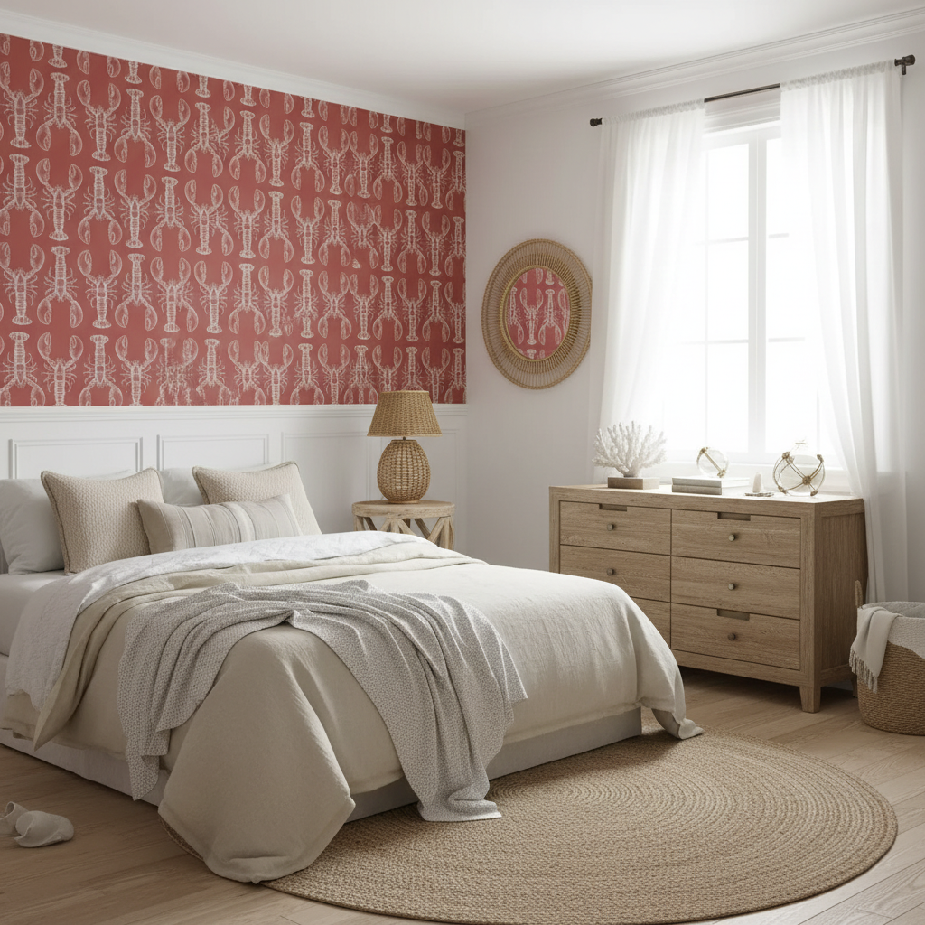 Modern bedroom with wooden furniture, patterned wall, and large window.