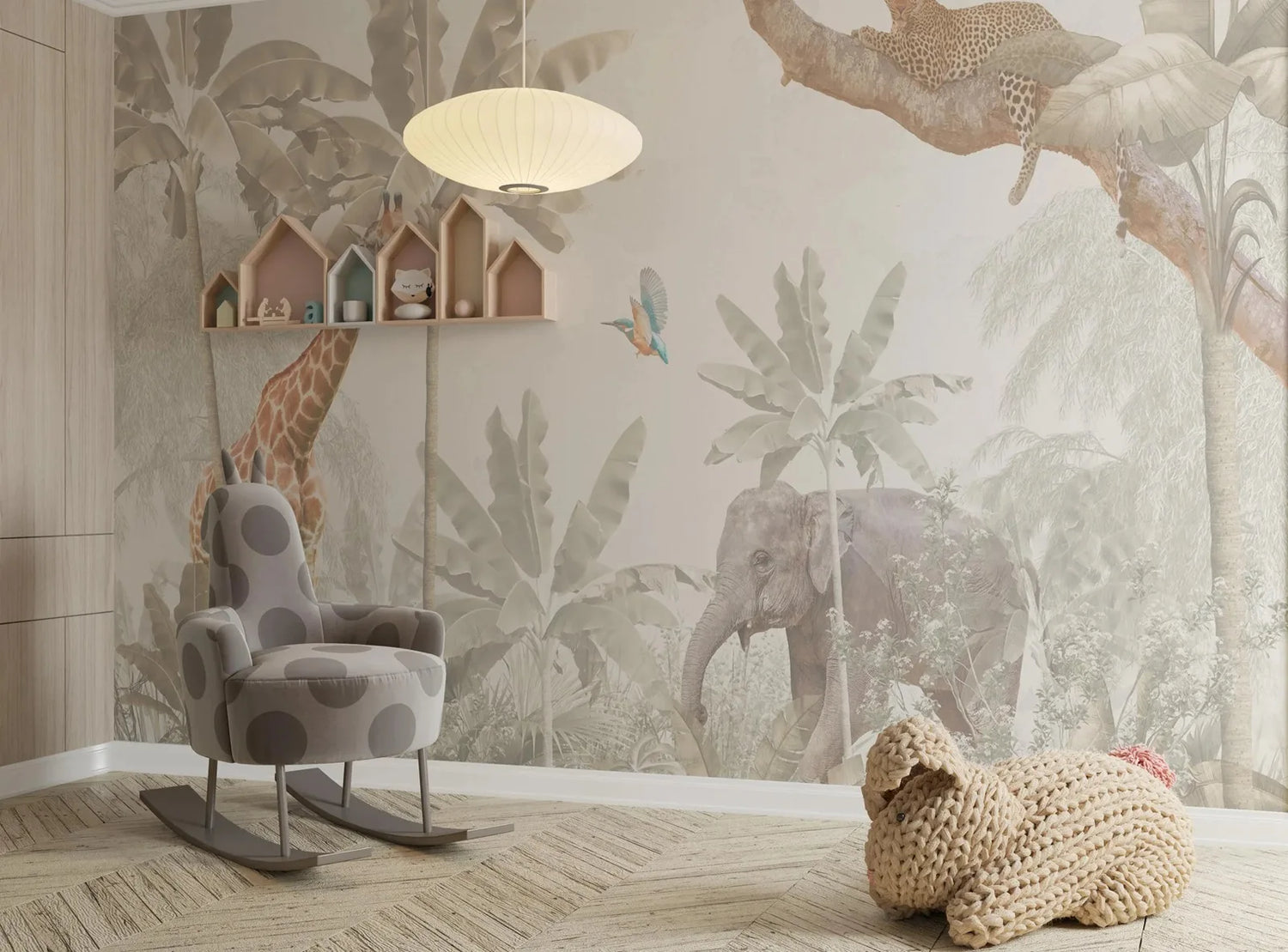 Children's room with jungle-themed wallpaper, rocking chair, and stuffed animal.