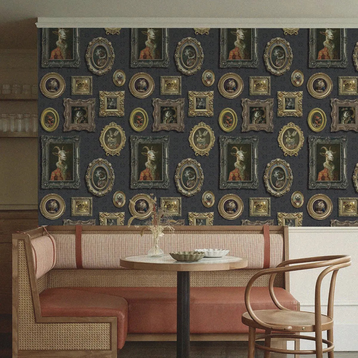 Dining area with ornate wall art and wicker furniture