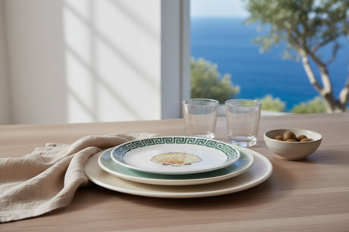 A set of ceramic plates with a green Greek key border and a yellow seashell motif in the center, styled on a wooden table with two clear drinking glasses, a small bowl of olives, and a beige linen napkin. The background shows a bright window with a scenic view of the blue sea and trees.