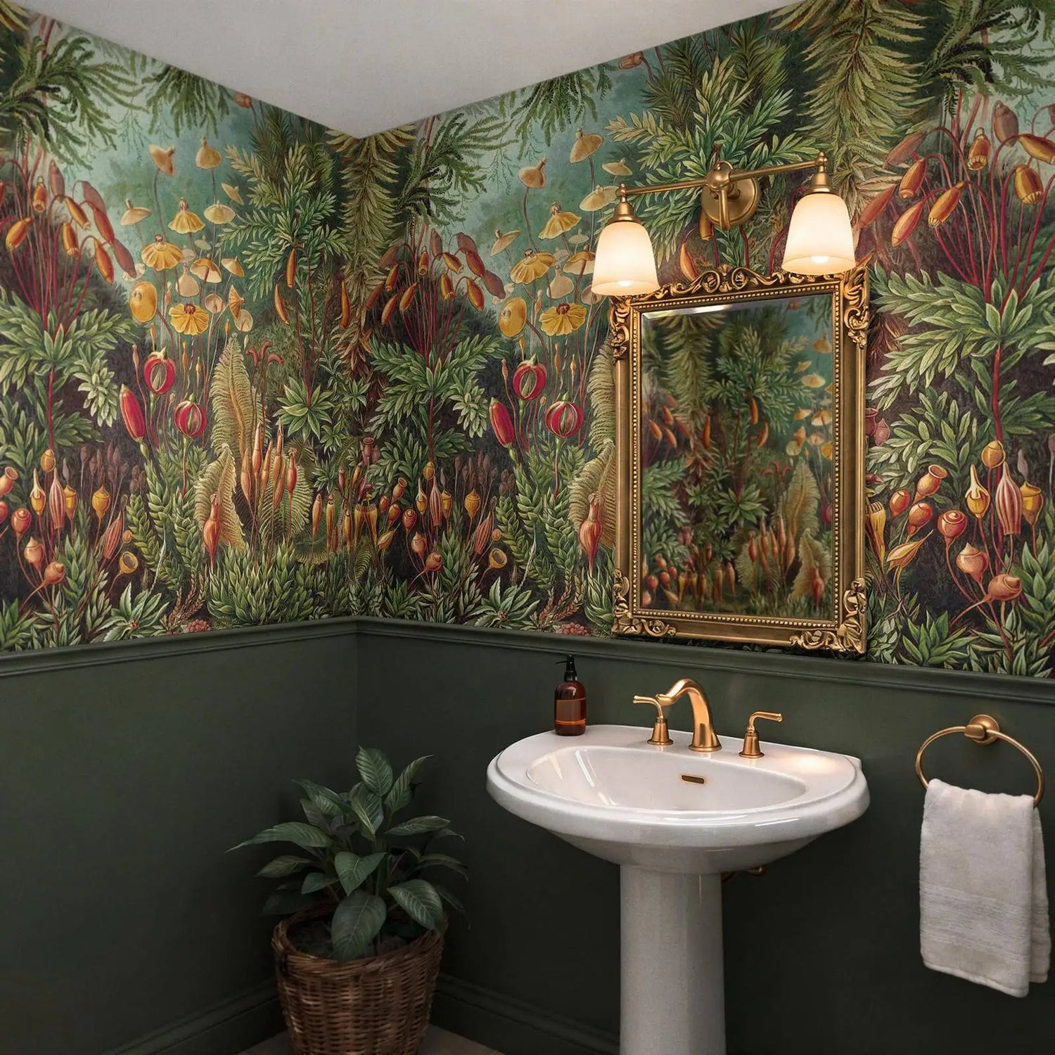 Bathroom with jungle-themed wallpaper, sink, and decorative mirror.