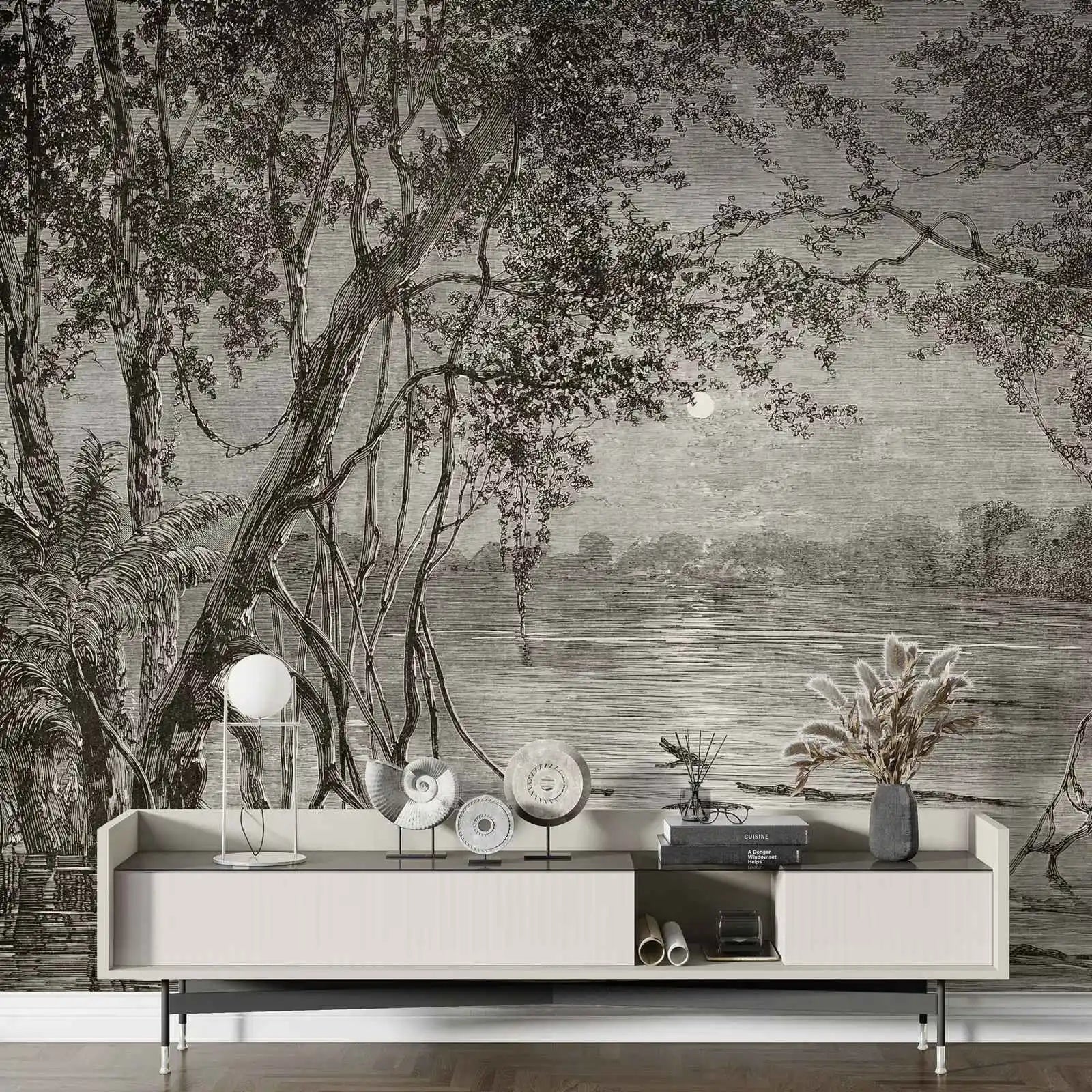Modern living room with a large wall mural of a forest scene.