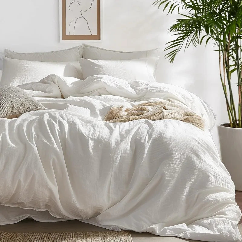 100% Washed Cotton Duvet Cover Set -  Natural White