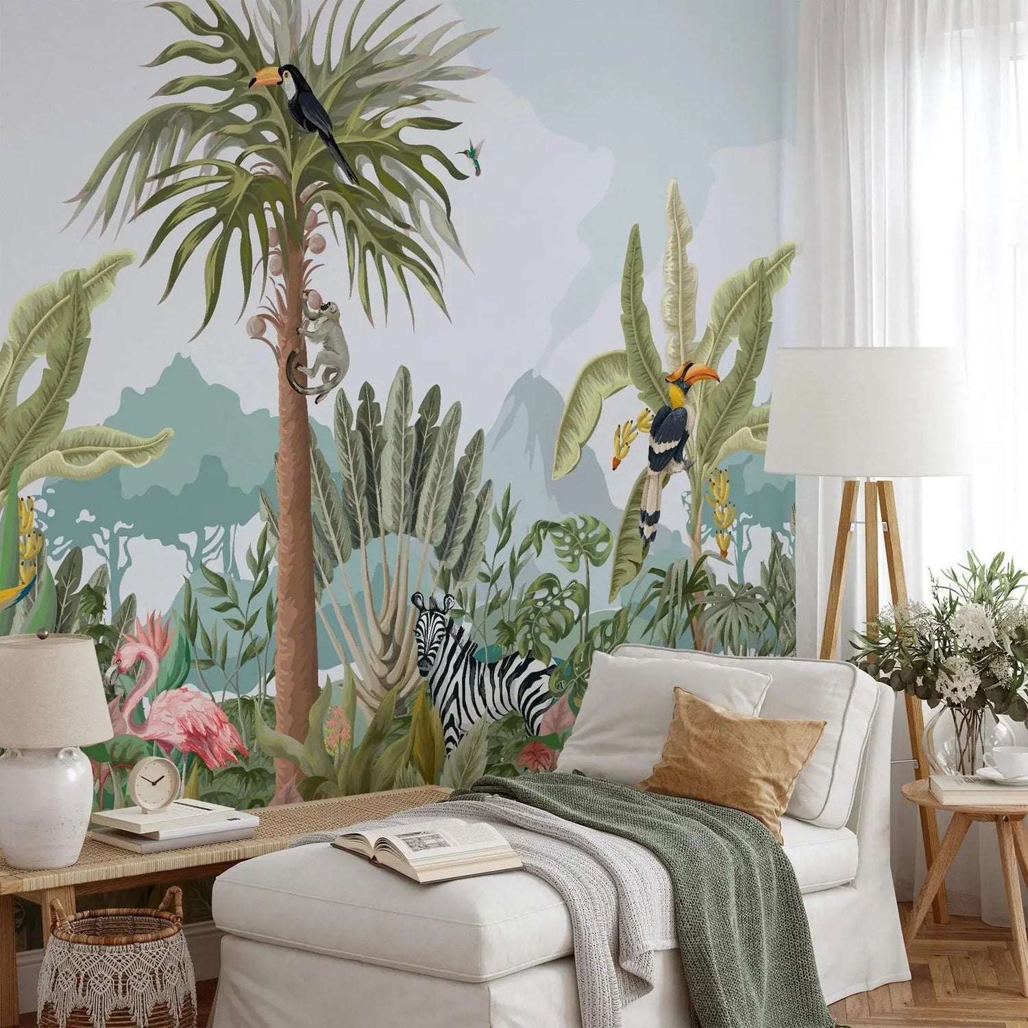 Jungle Animals & Tropical Leaves Wallpaper