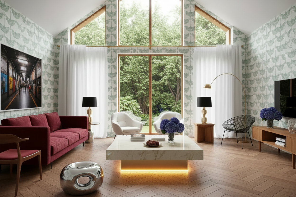 Modern living room with large windows, stylish furniture, and decorative elements.