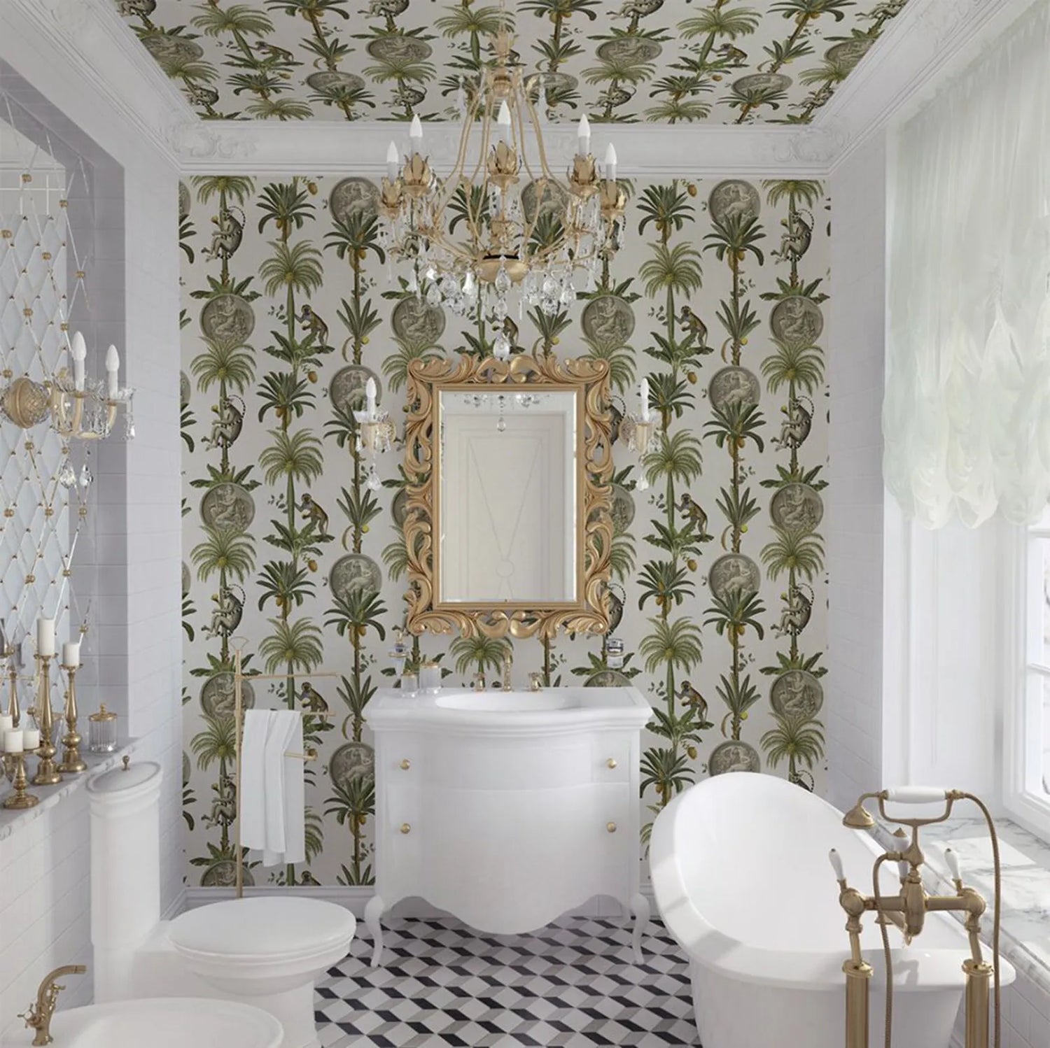 Luxurious bathroom with palm tree wallpaper, gold fixtures, and a chandelier.