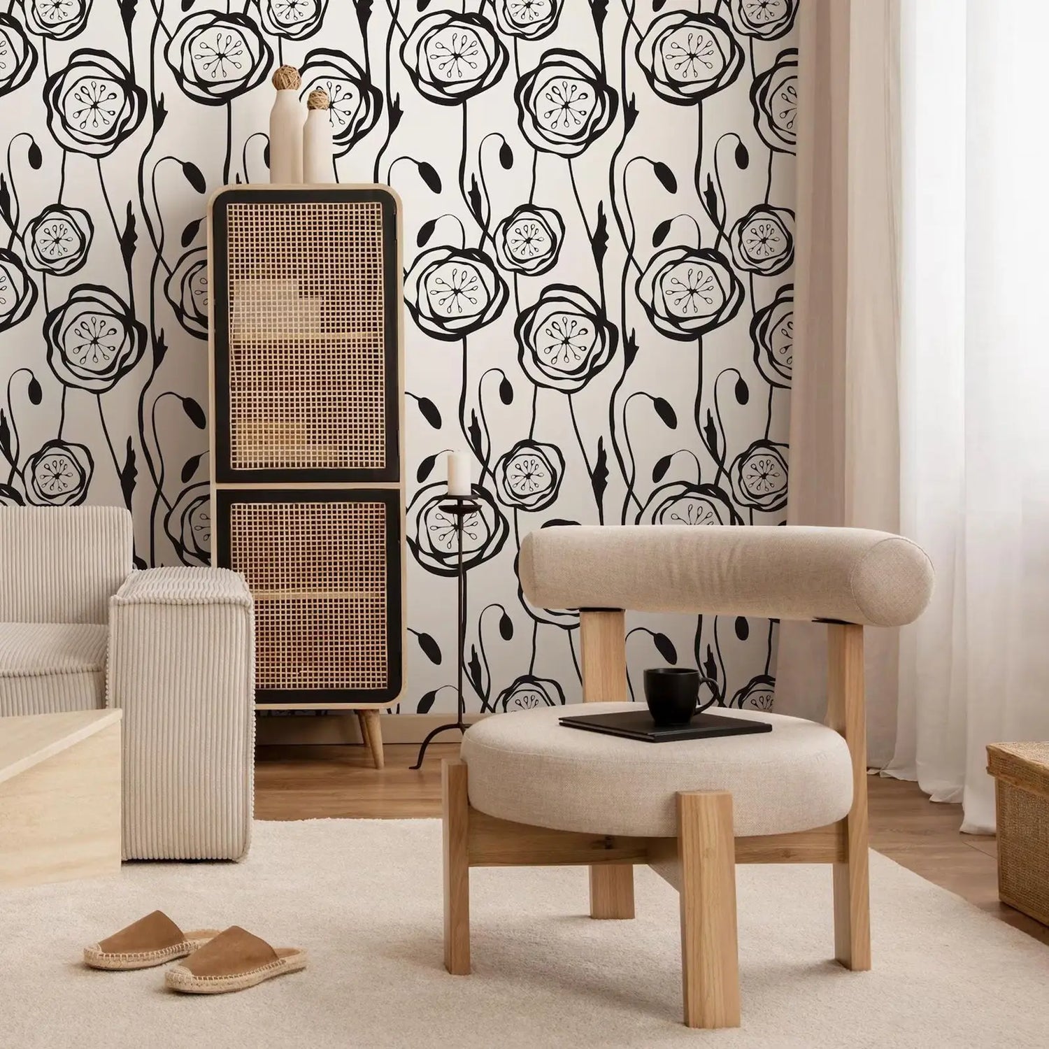 Modern living room with floral wallpaper, wooden cabinet, and beige chair.