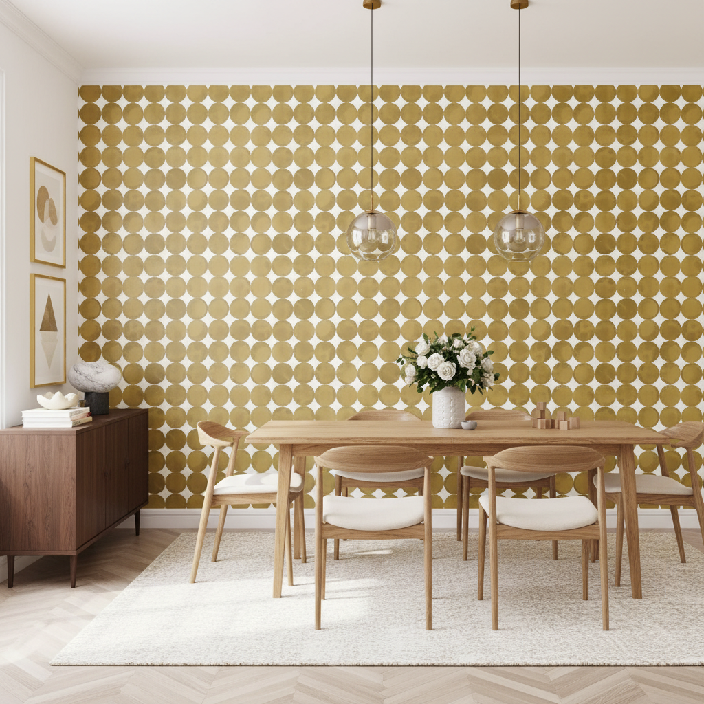 Dining room with wooden table and chairs against a patterned yellow wall.