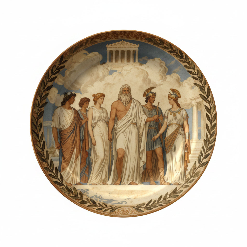Decorative plate with classical scene of people and architecture on a dark background