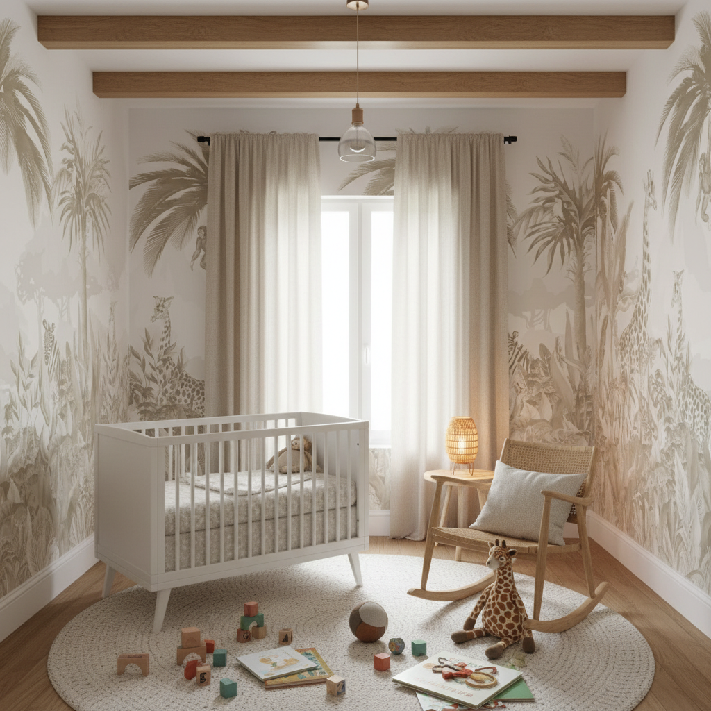 Nursery room with white crib, toys, and decorative wall patterns.