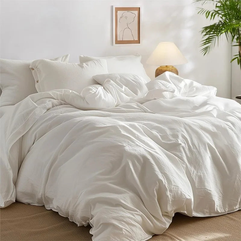 100% Washed Cotton Duvet Cover Set -  Bright White