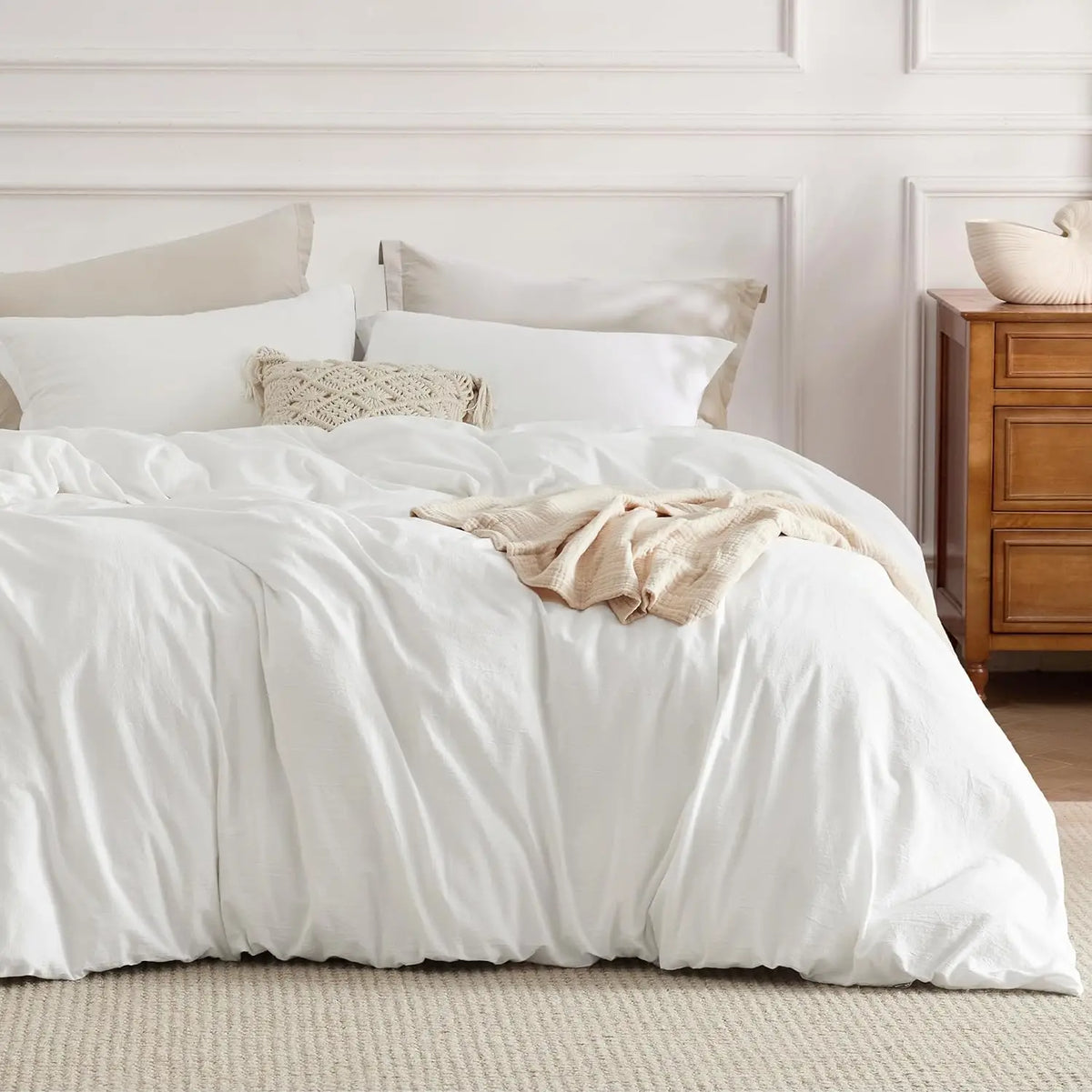 Experience luxury with our 100% Organic Flax Linen Washed Bedding Set in white Soft, breathable, and durable, it ensures ultimate comfort and timeless elegance.