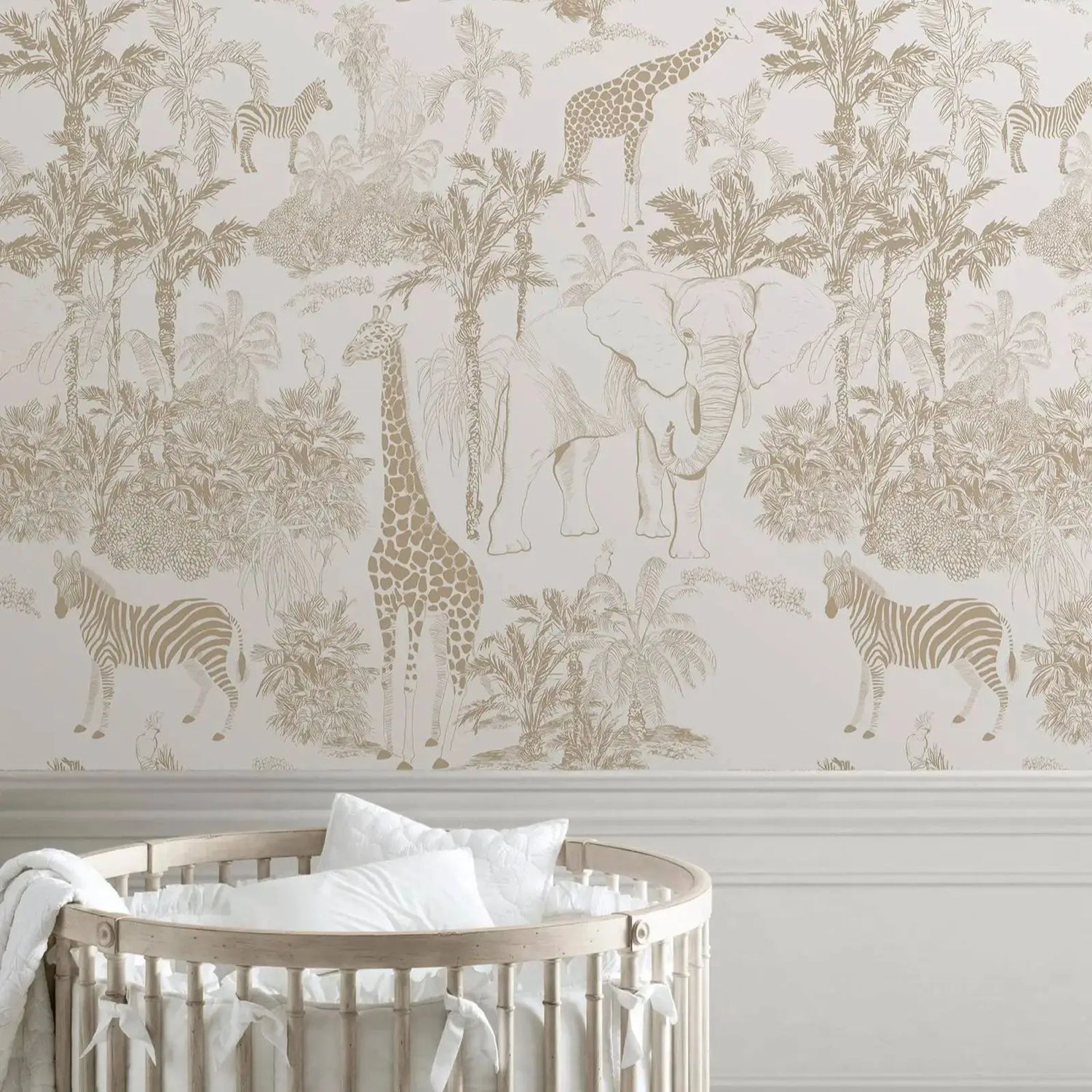 Children's room with jungle-themed wallpaper and a crib.