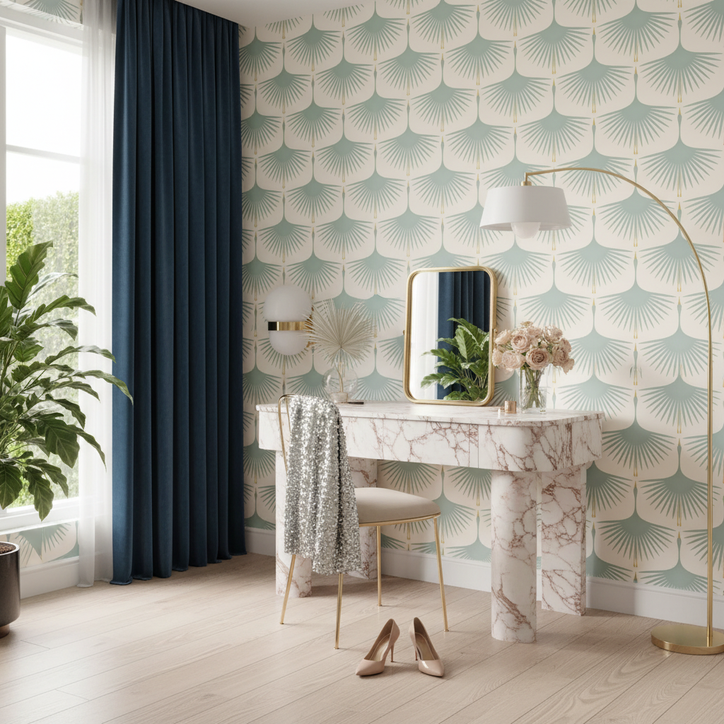 Modern interior with geometric wallpaper, marble console table, and decorative elements.